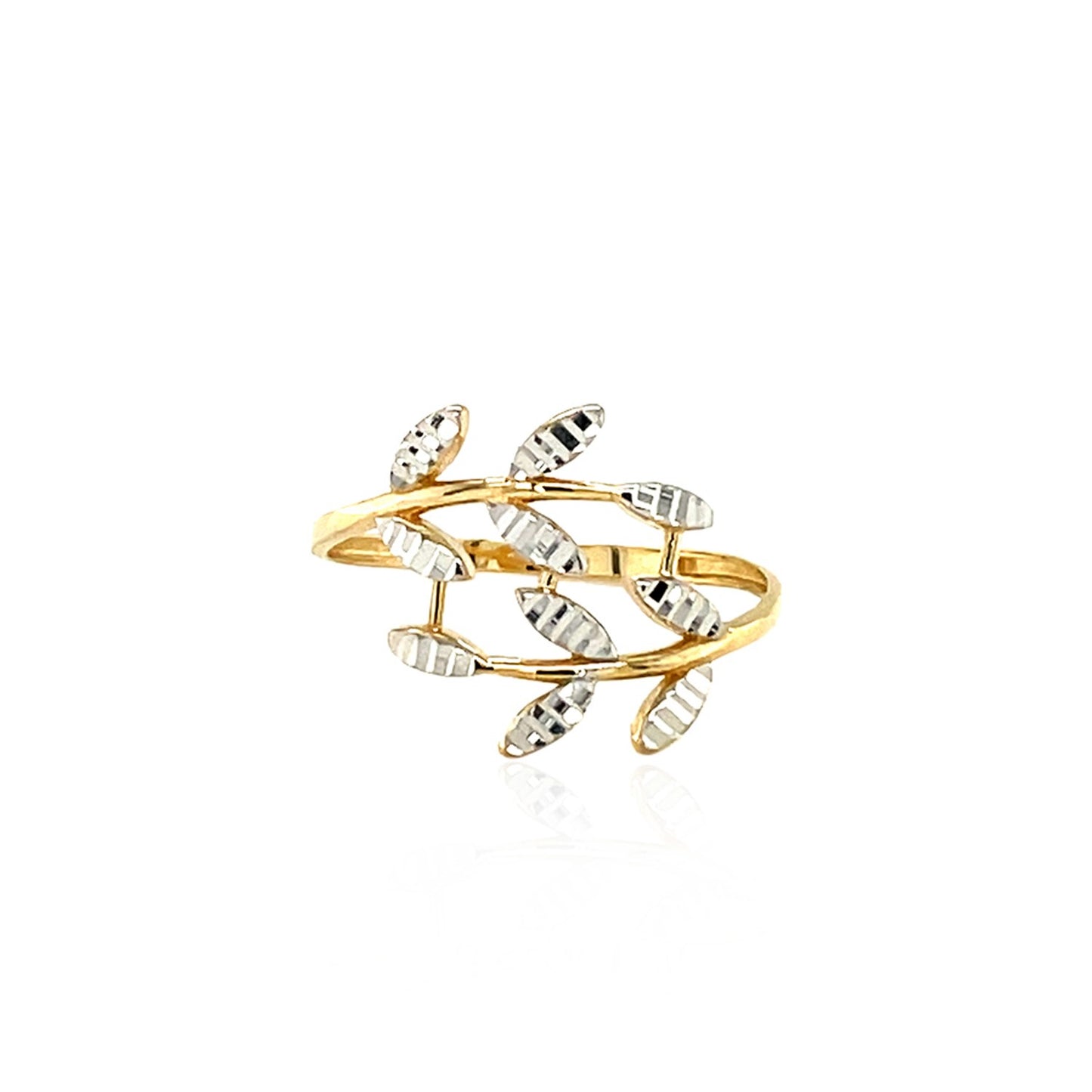 14k Two Tone Gold Crossover Ring with Textured Leaves(1.50 mm)