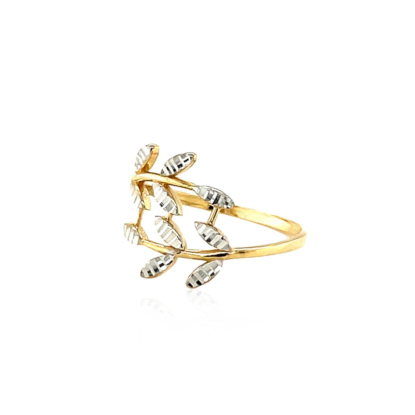 14k Two Tone Gold Crossover Ring with Textured Leaves(1.50 mm)