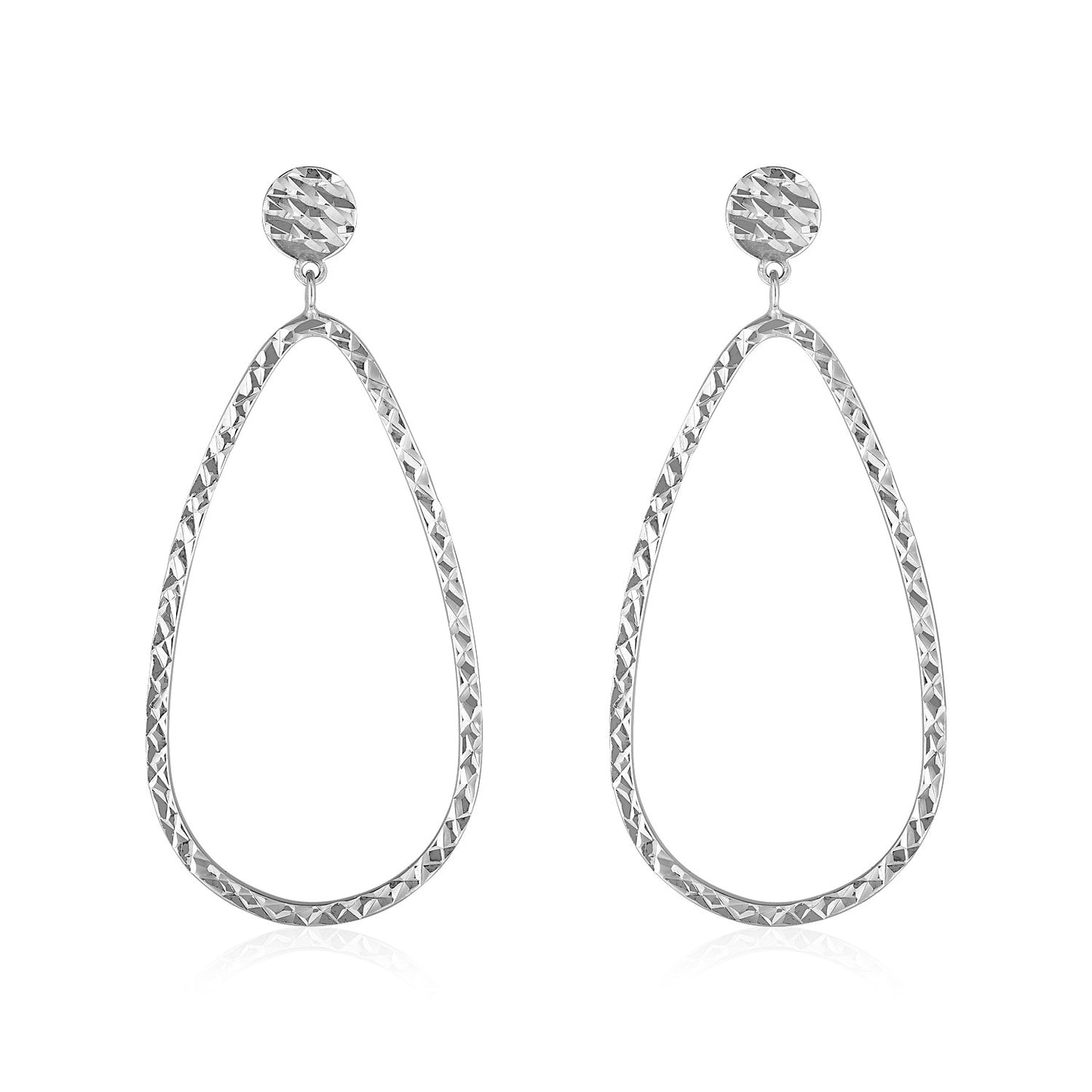 14k White Gold Textured Teardrop Motif Post Earrings