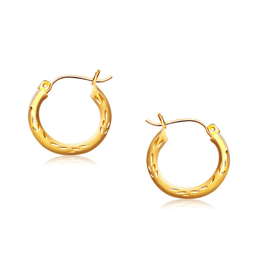 14k Yellow Gold Fancy Diamond Cut Hoop Earrings (3x15mm)