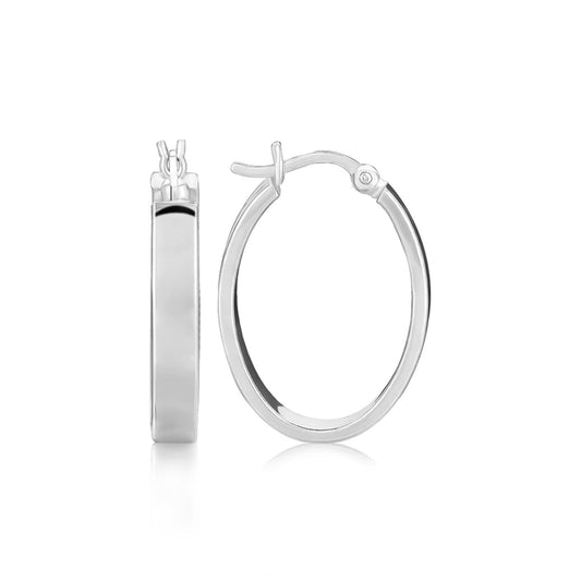 Sterling Silver Flat Style Oval Hoop Earrings with Rhodium Plating(4x14mm)