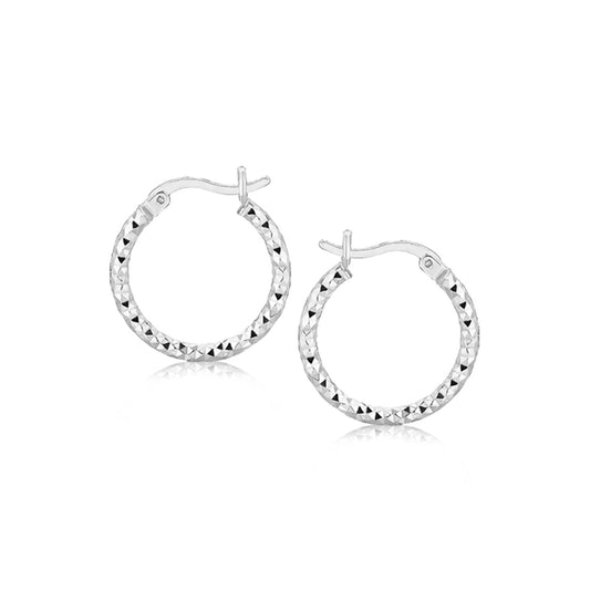 Sterling Silver Faceted Design Hoop Earrings with Rhodium Plating(2x15mm)