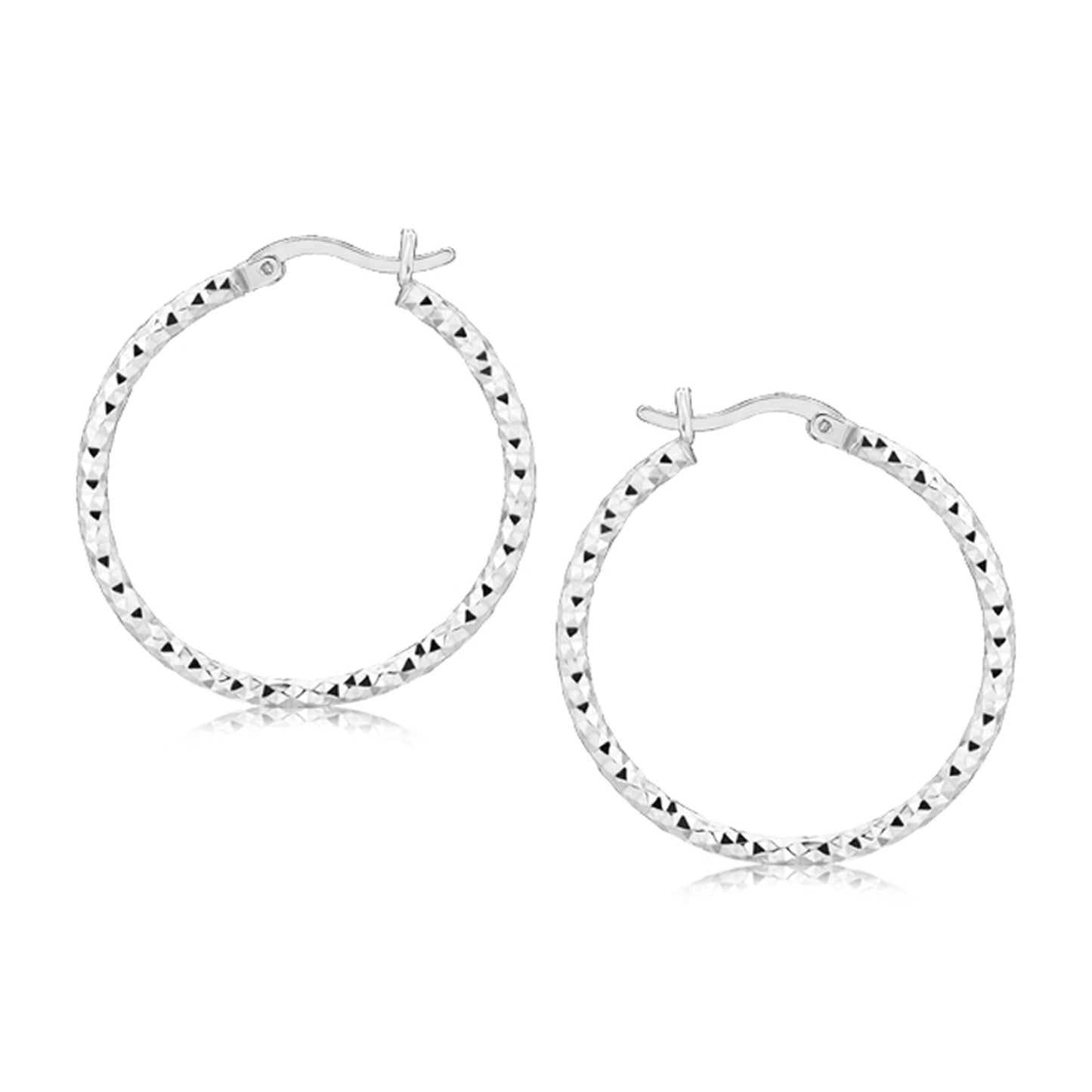 Sterling Silver Faceted Motif Hoop Earrings with Rhodium Plating(2x25mm)