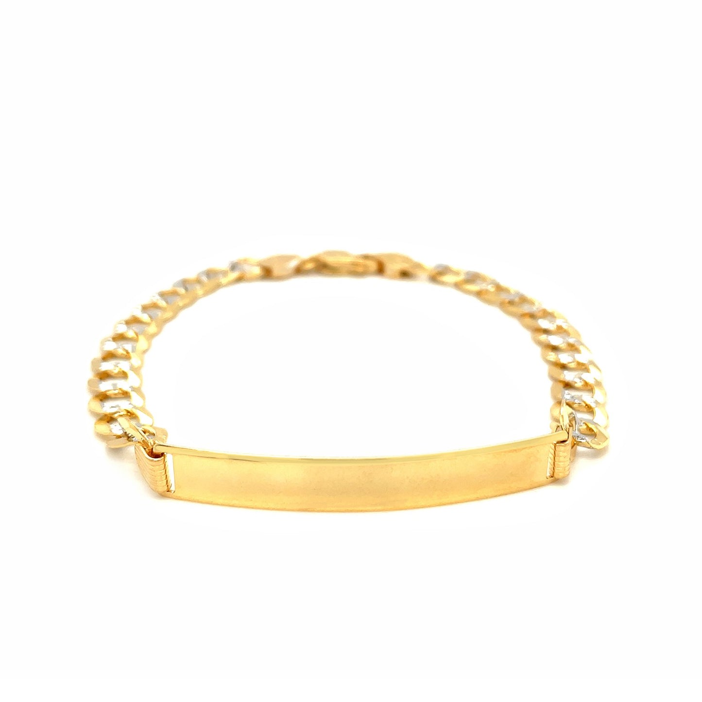 14k Two Tone Gold 8 1/2 inch Mens Narrow Curb Chain ID Bracelet with White Pave (6.70 mm)