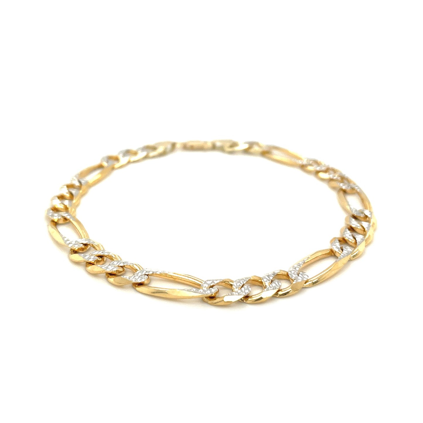 14K Yellow Two Tone Solid Pave Figaro Bracelet (7.00 mm)