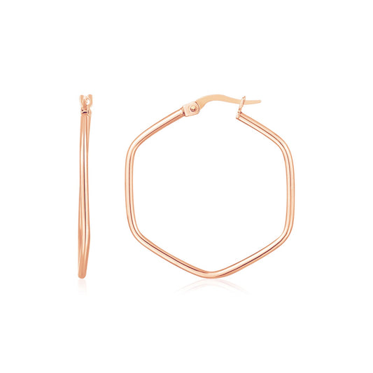 14K Rose Gold Hexagon Hoop Rounded Edge Earrings