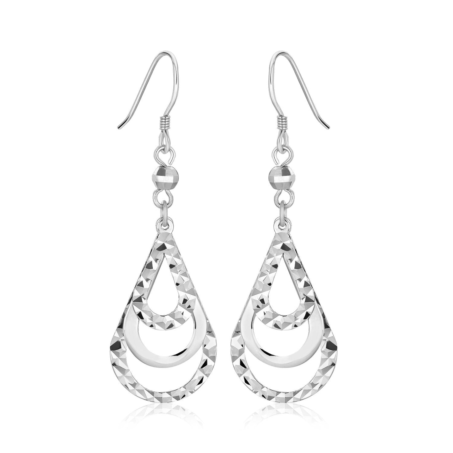 Sterling Silver Textured Graduated Open Teardrop Dangling Style Earrings